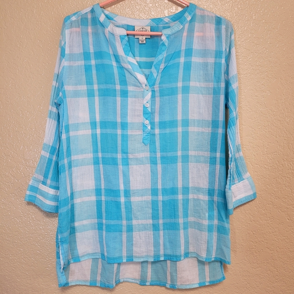 St John's Bay Women Blue/White Plaid Shirt Size S